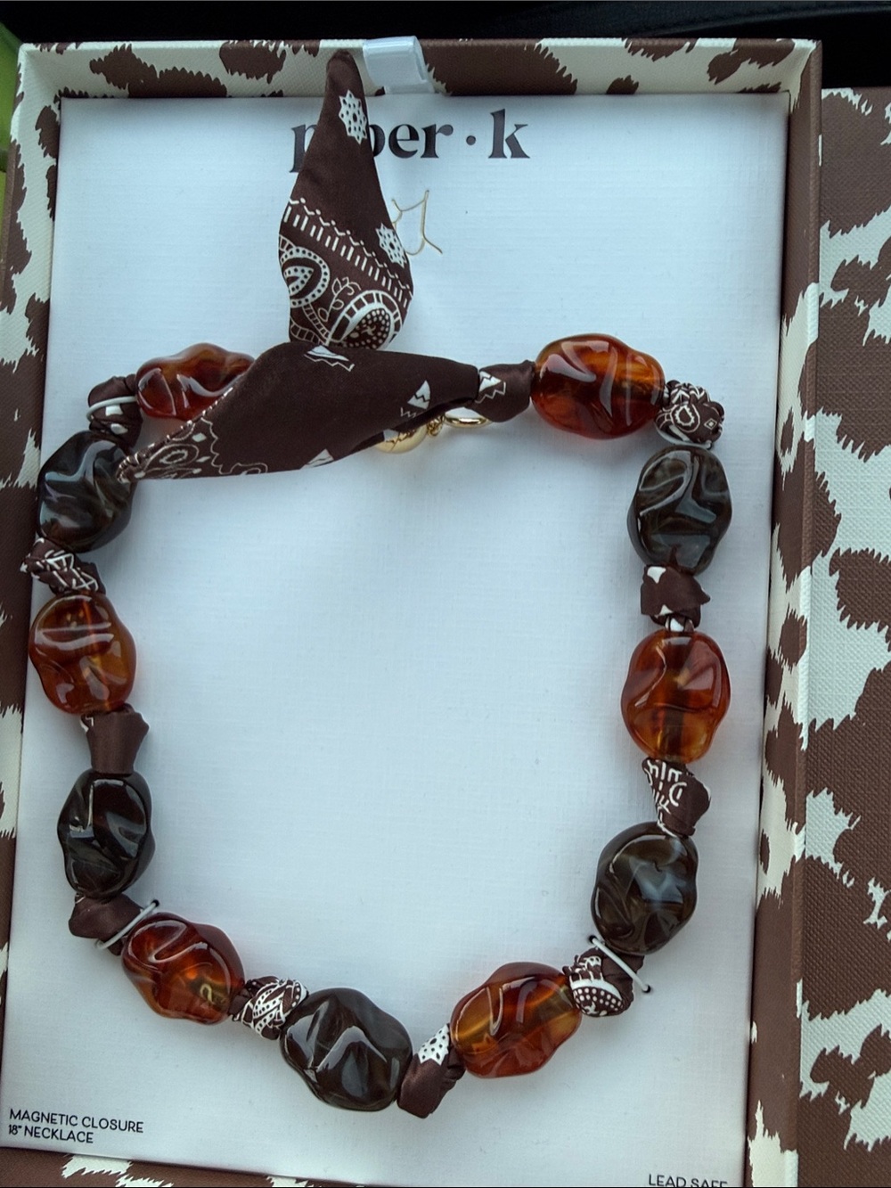 Piper Brown and Amber Bead Necklace with Scarf Accent earrings in box